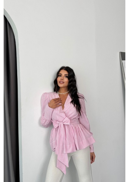 Çizgili Bağlama Detaylı Kruvaze Poplin Gömlek - Pembe modelleri