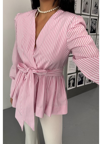 Çizgili Bağlama Detaylı Kruvaze Poplin Gömlek - Pembe fırsatları