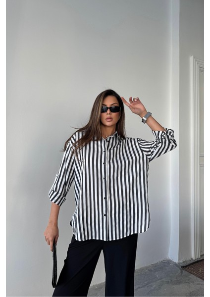 Çizgili Gömlek Keten - Siyah