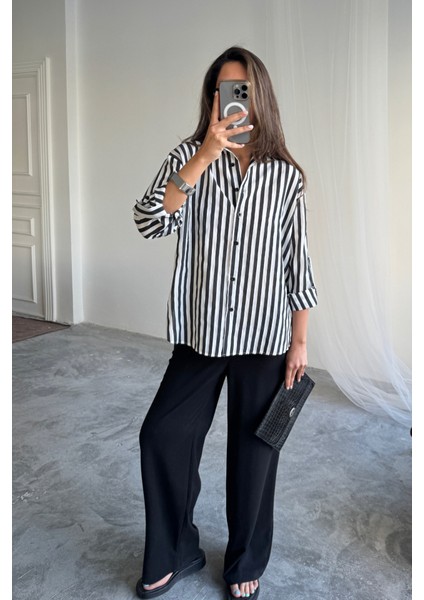 Çizgili Gömlek Keten - Siyah fırsatları