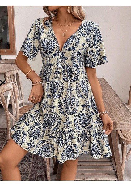 Kadın Kısa Kollu Yakadan Bağcıklı Desenli Fırfırlı Süprem Elbise fiyatları
