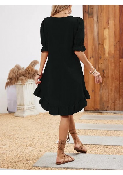 Kadın Kısa Kollu Kol ve Eteği Volanlı Bisiklet Yaka Aerobin Elbise fiyatları