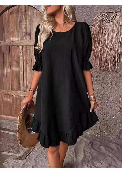 Kadın Kısa Kollu Kol ve Eteği Volanlı Bisiklet Yaka Aerobin Elbise