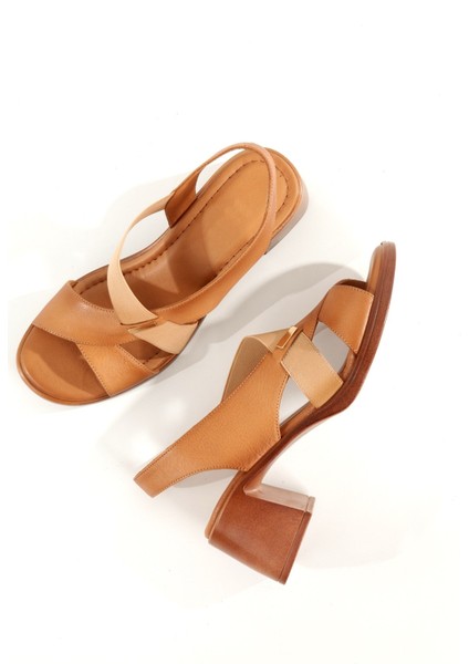 Madleen Taba Renk Yumuşak Hakiki Deri Kadın Sandalet Kalın Topuklu Ayakkabı fiyatları