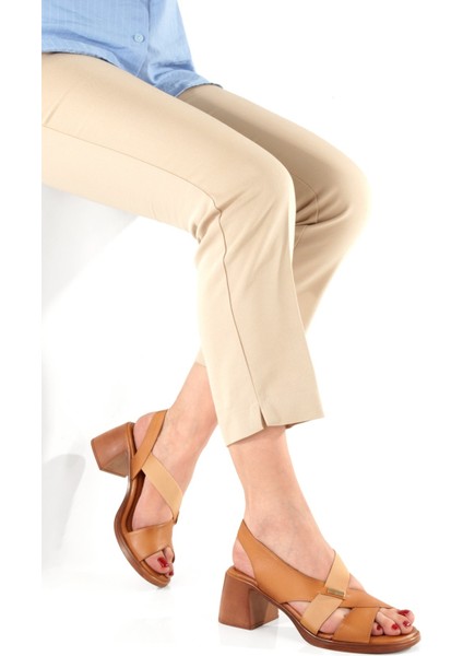 Madleen Taba Renk Yumuşak Hakiki Deri Kadın Sandalet Kalın Topuklu Ayakkabı indirimleri