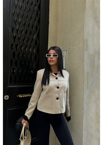 Süet Crop Ceket Cep Detaylı - Taş indirimleri