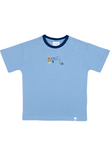 Unisex Kısa Kollu Oversize Nakışlı Açık Mavi T-Shirt