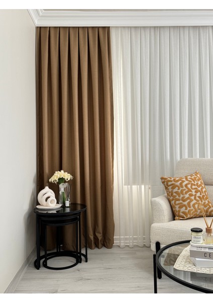 Camel Keten Fon Perde Sık Pile