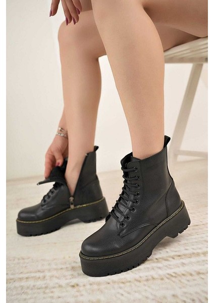 Siyah Cilt Martines Kalın Taban Bot