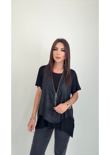 Kadın Kısa Kollu Yuvarlak Yaka Viskon Bluz + Kolsuz Fermuarlı Çatlak Deri Yelek