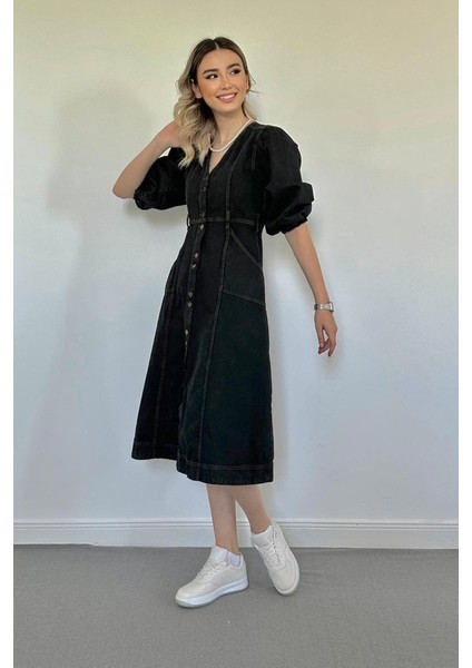 Siyah Balon Kol Kot Elbise