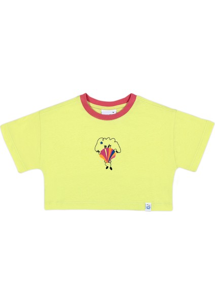 Kız Çocuk Kısa Kollu Crop Nakışlı Lime T-Shirt