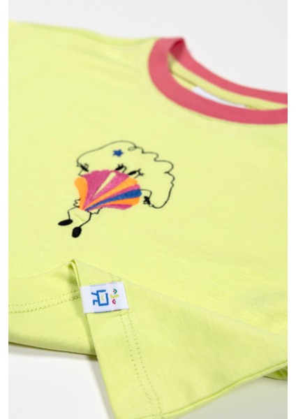 Kız Çocuk Kısa Kollu Crop Nakışlı Lime T-Shirt