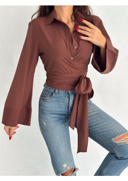 kadın %100 pamuk kruvaze yaka kahverengi Gömlek