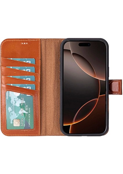 Apple iPhone 16 Pro Max Uyumlu, Hakiki Deri, El Yapımı, Cüzdanlı Kılıf, Gölgeli Taba
