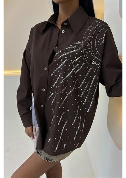 Ay Figürlü Taş Işlemeli Poplin Gömlek 3440