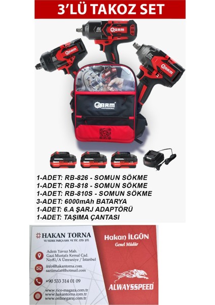 -Arm-1/2 Şarjlı Somun Sökme 3/4 Şarjlı Somun Sıkma Sökme 2400NM Takoz Set