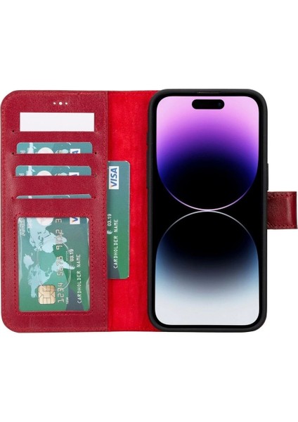 Apple iPhone 15 Pro Max Uyumlu Deri Cüzdanlı Kılıf Mwwn V4EF Kırmızı
