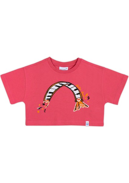 Kız Çocuk Kısa Kollu Crop Baskılı Pembe T-Shirt