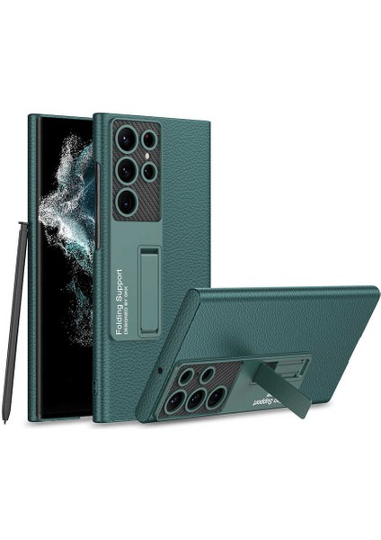 Galaxy Uyumlu S23 Ultra Kılıf Zore Kıpta Standlı Kapak-Koyu Yeşil