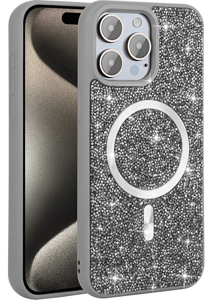 iPhone Uyumlu 15 Pro Kılıf Pırlanta Tasarımlı M-Safe Şarj Özellikli Zore Mozaik Silikon Kapak