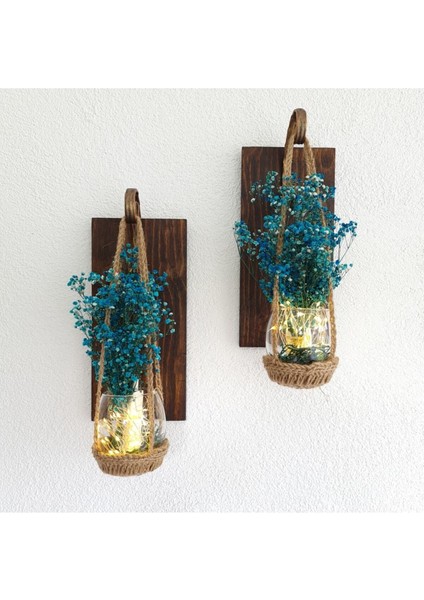 Dekoratif Duvar Apliği Seti Eskitme Ferforje Askılı Ceviz Ahşap 14x30 cm Gün Işığı LED Işıklı Çiçekli fırsatları