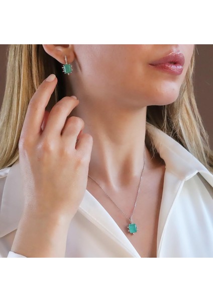 Paraiba Taşlı Kare Lotus Çiçeği Gümüş Set