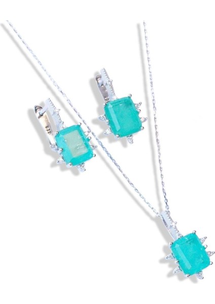 Paraiba Taşlı Kare Lotus Çiçeği Gümüş Set fiyatları