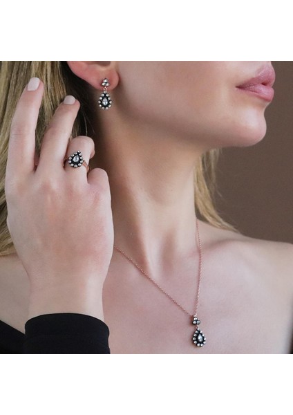 Elmas Montür Zirkon Taşlı Damla Model Rose Gold Kaplama Gümüş Set