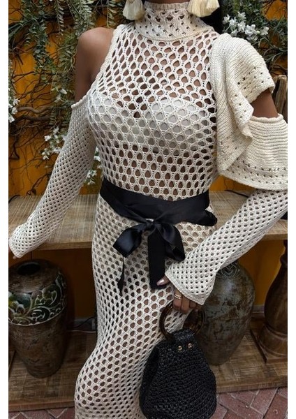 Saten Kuşaklı Ajurlu Triko Elbise 2847