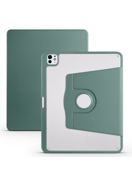 iPad Uyumlu Pro 13 2024 Kılıf Zore Termik Kalem Bölmeli Dönebilen Standlı Kılıf-Koyu Yeşil
