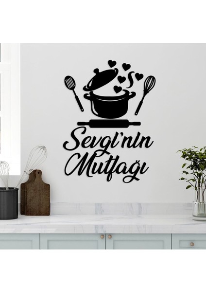 Kişiye Özel Siyah Mutfak Duvar Yazısı 50x35 cm Tencere ve Kalp Desenli Dekoratif Tasarım