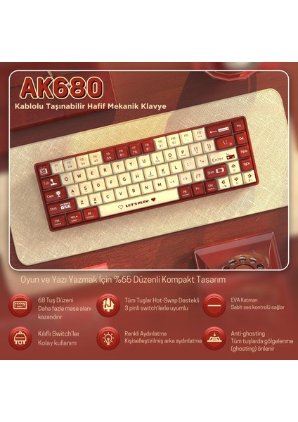 AK680 Kablolu %65 Boy Mekanik Oyuncu Klavyesi-Rainbow Aydınlatma Hot-Swap