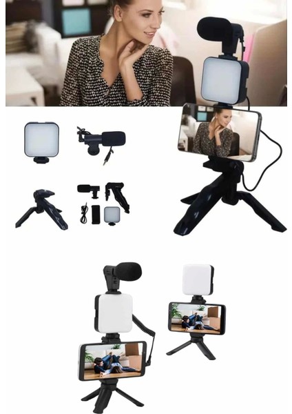 Telefon Tutucu Mikrofonlu Işıklı Youtuber Video Kayıt