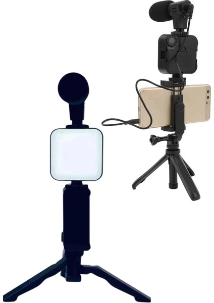 Telefon Tutucu LED Işıklı Kumandalı Mikrofon Telefon Vlog Video Kayıt