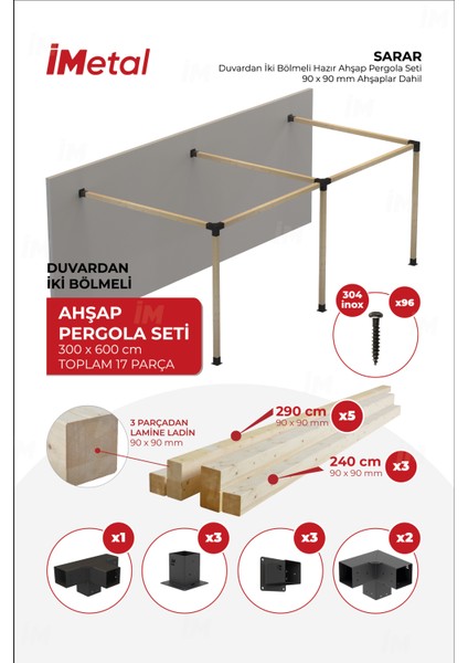 Ahşap Pergola Seti Duvardan Iki Bölümlü 90 x 90 mm Ahşaplar Dahil