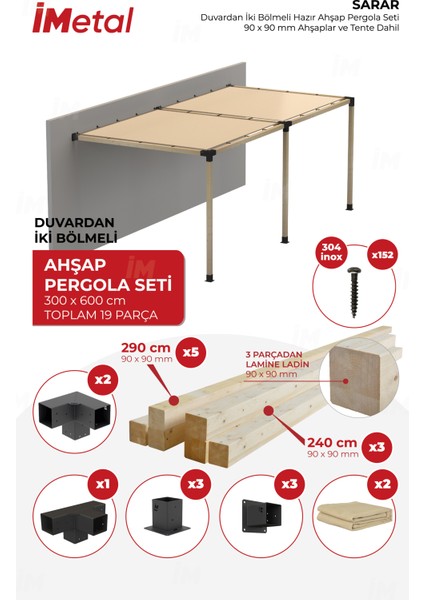 Ahşap Pergola Seti Duvardan Iki Bölümlü 90 x 90 mm Ahşaplar ve Tente Dahil