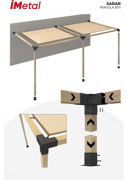 Ahşap Pergola Seti Duvardan Iki Bölümlü 90 x 90 mm Ahşaplar ve Tente Dahil