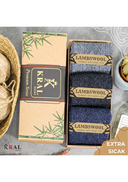 Hediye Kutulu Erkek (3 Çift) Kaliteli Yünlü Kışlık Lambswool Parfümlü Termal Etkili Yün Çorap