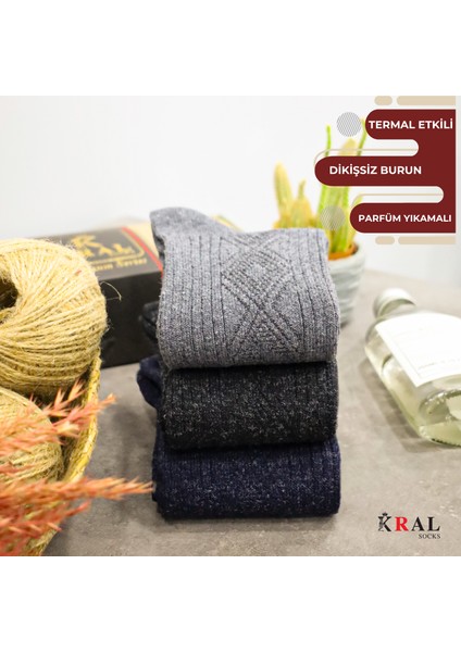 Hediye Kutulu Erkek (3 Çift) Kaliteli Yünlü Kışlık Lambswool Parfümlü Termal Etkili Yün Çorap