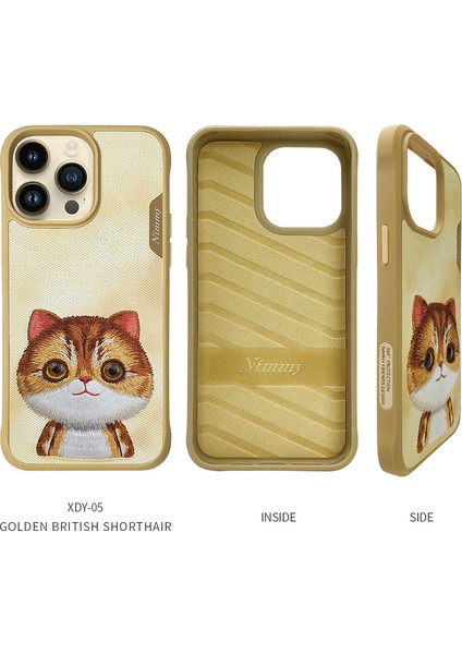 iPhone 16 Pro Uyumlu 3D Göz Golden Kedi Detaylı Gerçek Nakış İşlemeli Kabartmalı Big Eyes Kılıf