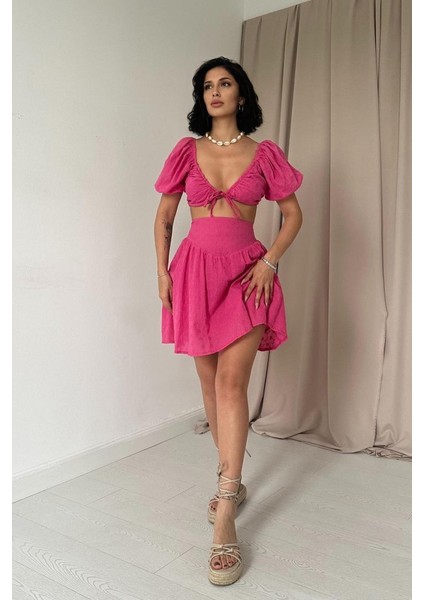 Fuşya Brode Crop ve Mini Etek Takım