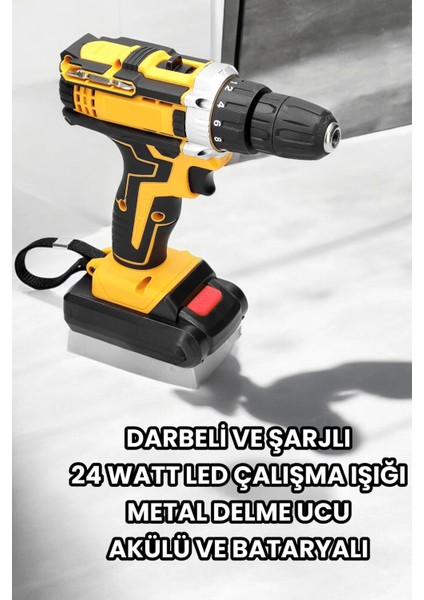 Metal Dişli 24W Akülü Matkap -Çift Bataryalı ve LED Çalışma Işığı ile Tam Set