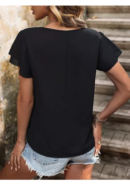 Kadın Kısa Kollu Bisiklet Yaka Yandan Düğmeli Viskon Bluz