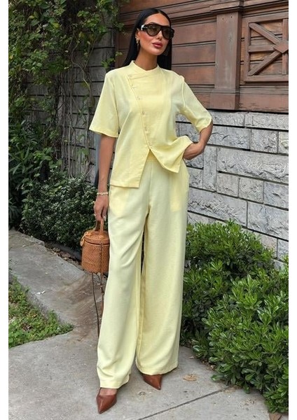 Hakim Yaka Çapraz Düğmeli Plazzo Pantolon Viscon Keten Takım 10209 indirimleri