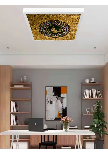 Osmanlı Tuğra Desenli LED Avize, LED TABLO,60X60 Kare, 60WATT,BEYAZ Işık Yeni Modern Armatür Avize,