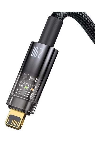 Şeffaf Uçlu Iphone 45W USB Hızlı ve Dayanıklı Şarj ve Data Işıklı Örgü Kablo 1 Metre