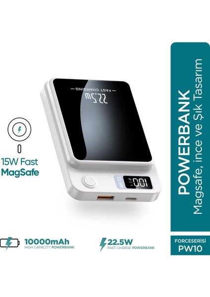 Force PW10 10000mAh 22.5W MagSafe Powerbank - Kablosuz Mini Şarj Cihazı - 1 USB 1 PD Port - Dijital Ekran - Taşınabilir Şarj Cihazı