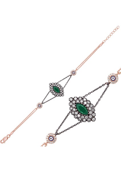 925 Ayar Gümüş Rose Mat Yeşil Taşlı Otantik Bileklik (BR0460468) (491491)