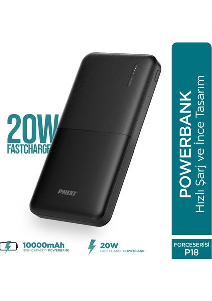 Basic P18 22.5W 10000mAh Hızlı Şarj Cihazı - PD Powerbank - 1 PD 1 USB Port LED Gösterge - Taşınabilir Şarj Cihazı